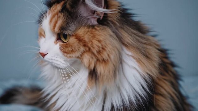 Fluffy Calico or Torbie Cat Looking to the Side on Light Blue Background