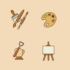 Art Supplies Brushes, palette, sculpture tool, and easel on a beige backdrop