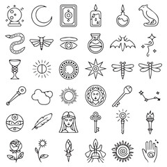 Collection of esoteric and mystical symbols and icons hand drawn in a vintage sketch style for occult and magical themes