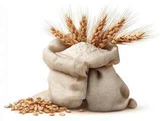 A burlap sack filled with flour, topped with wheat ears, and accompanied by scattered wheat kernels, set against a pure white background