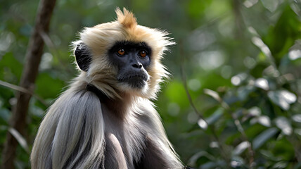 Obraz premium A vigilant langur raises its head suddenly, alert to the distant call of another troop member echoing through the forest. 