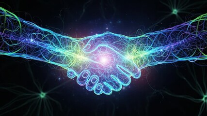 A Symbolic Representation of Unity and Connection Through a Vibrant Handshake, Illuminated by Colorful Energies and Pulsating Light Against a Cosmic Background