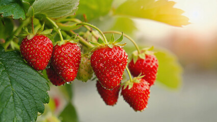 Close-up of dew-covered strawberries in early morning sunlight, soft wind moving. Ai generated.