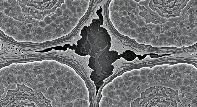 Detailed scanning electron micrograph showing the textured surface of biological cells in cross-section, revealing an interstitial gap
