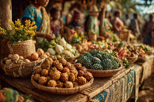 Exhibit of Sibonga&rsquo;s harvest bounty during the Bonga Festival. A rustic display table covered with woven mats, overflowing with tropical fruits, vegetables, and flowers.