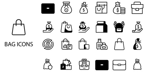 Bag simple concept 24 Black and White color icons set .Vector illustration.