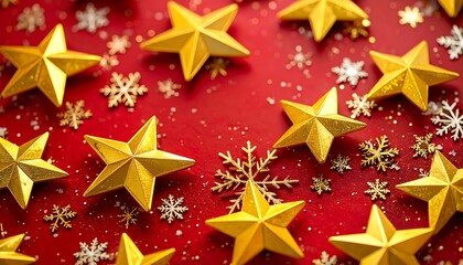 Festive gold stars and snowflakes create a vibrant winter design on a deep red background.
