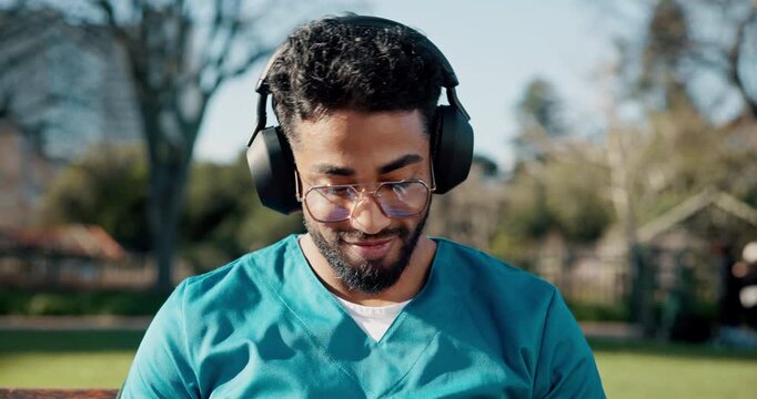 Music, medical and student or man in college for streaming service, doctor residency and relax. Radio subscription, healthcare intern and University with person listening to headphones for study song