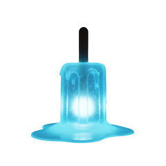 Luminous melting blue popsicle with a warm glow, perfect for summer marketing, refreshing drink ads, ice cream shop promotions, or modern product design, isolated on white & transparent background.