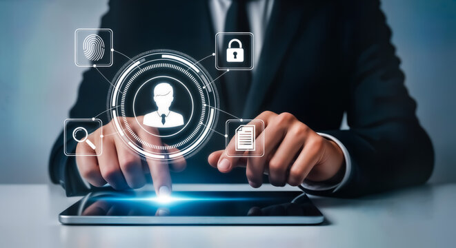 Businessman using a tablet with digital security and personal data icons, representing cybersecurity, identity verification, and online privacy
