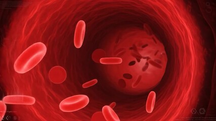 Red blood cells flow in a vessel, with monitors for medical or educational use