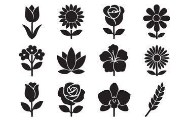 Flower Silhouette Icon Set Rose Sunflower Lotus Hibiscus Orchid Illustration