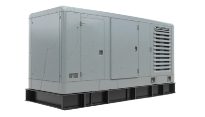 Industrial Light Gray Generator with Vented Double-Door Enclosure on Black Base isolated on transparent background