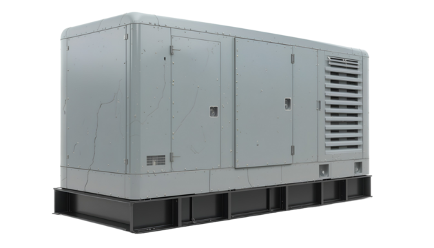 Industrial Light Gray Generator with Vented Double-Door Enclosure on Black Base isolated on transparent background