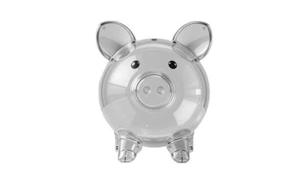 Clear Transparent Piggy Bank Shaped like a Pig with Rounded Features isolated on transparent background
