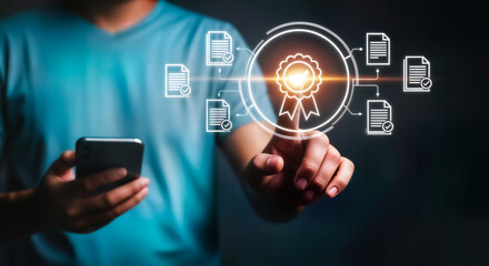 Fototapeta premium Person holding smartphone and touching a digital interface with a certificate icon and surrounding document icons, representing digital certification and online verification