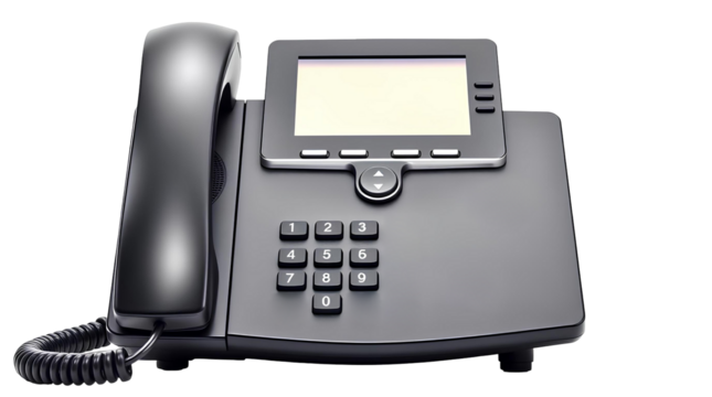 Modern Black Office Telephone with Silver Trim, Keypad, and LCD Screen isolated on transparent background