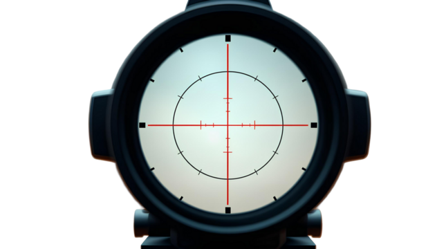 Black Circular Sniper Scope with Red Crosshairs and White Center isolated on transparent background - Powered by Adobe