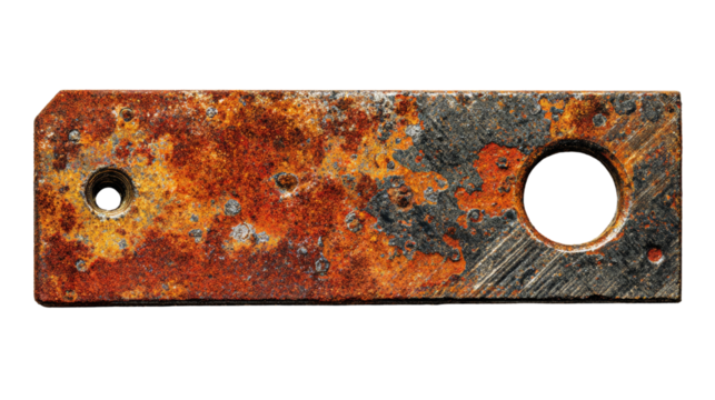 Oxidized metal plate with dual circular openings isolated on transparent backdrop showcases