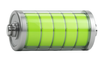 Full Battery Icon with Metallic Gray Casing and Lime Green Segments in 3D Render isolated on transparent background