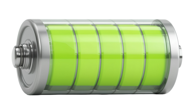Full Battery Icon with Metallic Gray Casing and Lime Green Segments in 3D Render isolated on transparent background