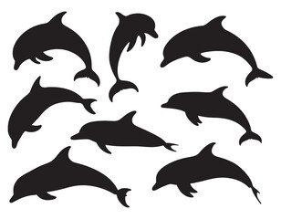 A versatile collection of nine dynamic dolphin silhouettes, perfect for logo design and graphic projects