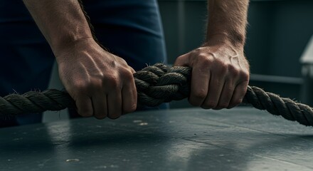 Skilled hands expertly tie a sturdy knot on a thick rope demonstrating seamanship and maritime skill