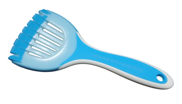 Blue and White Plastic Scraping Tool with Triangular Scoop Head Isolated on Transparent Background