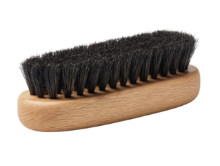 Isolated natural bristle brush on transparent backdrop, tool for grooming with wooden handle