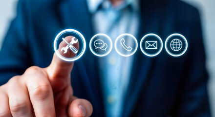 Customer service representative touching a digital interface with icons for support, communication, and global connectivity, representing customer assistance and technical help