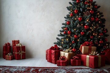 Decorated Christmas tree with red ornaments and presents on floor lights