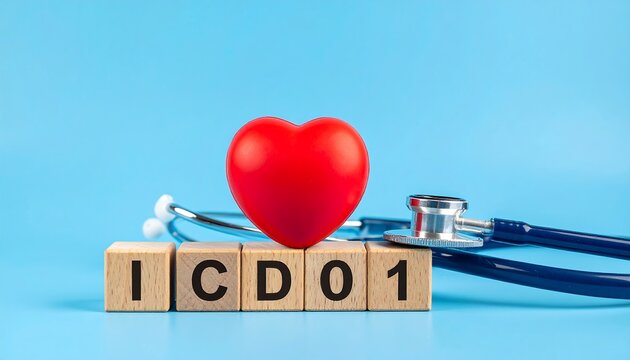 Wooden blocks displaying ICD-10 code with a red heart and stethoscope, against a light blue background, highlighting health and medical concepts.