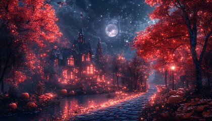 Enchanted gothic mansion surrounded by glowing red trees and pumpkins at night haunted house