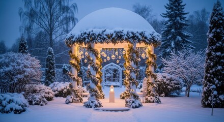 Enchanting Snowy Gazebo Illuminated by Festive Lights and Candle