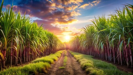Obraz premium Sugar Cane Field at Sunset with Dirt Road and Dramatic Sky
