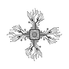 Central processing unit with radiating circuit board pathways and connection points on a white background
