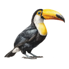 Fototapeta premium Colorful Toucan Bird with Large Yellow Beak Standing on White Background