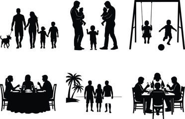 PrintBlack and white family silhouette vector illustration showing walking, playing, dining, beach vacation, and joyful togetherness in various lifestyle activitiesBlack and white family silhouette 