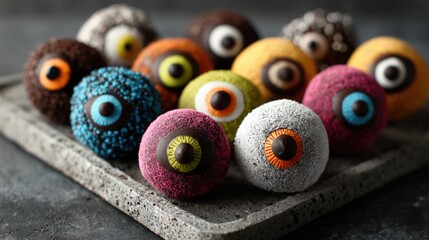 Close-up of Halloween Chocolate Truffles Decorated as Eyeballs on Stone Plate