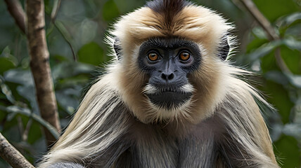 Obraz premium A vigilant langur raises its head suddenly, alert to the distant call of another troop member echoing through the forest. 