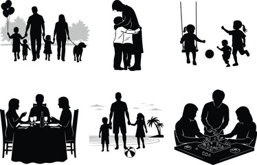 PrintSilhouette family enjoying indoor and outdoor activities — walking, hugging, dining, beach time, board games, swing play, bonding, and leisure scenes