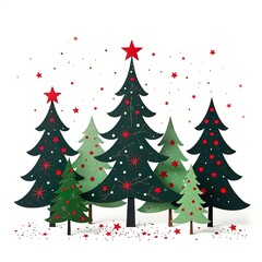 Fototapeta premium Black Christmas Trees Vector, Green and Red Details, White Background, Festive Minimalist Illustration