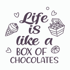 Whimsical typography featuring the phrase “Life is like a box of chocolates,” styled with playful fonts and sweet accents, symbolizing surprises and life’s unexpected moments.
