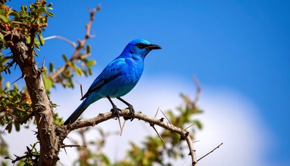 Vivid blue bird perched on a thorny branch against a clear blue sky