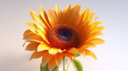 Fototapeta premium Sunflower, glowing orange petals, dark center, bright light, and delicate leaves