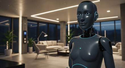 Futuristic human robot in a modern home showcasing advanced technology and artificial intelligence design