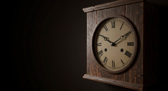 A weathered wooden clock with Roman numerals set against a dark shadowy background