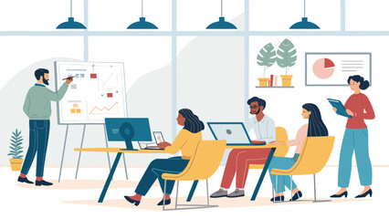 Diverse business team collaborating in a modern office, engaged in a presentation and discussion. Ideal for concepts of teamwork, strategy, and corporate training.