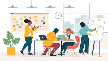 Fototapeta premium Diverse team collaborates on a project in a modern office, utilizing whiteboards and laptops to brainstorm ideas and achieve business goals.