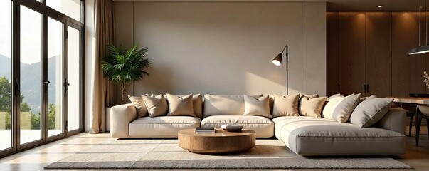 Luxurious living room featuring a plush, oversized cushion in a neutral tone, adding comfort and style to the space Perfect for relaxation and enhancing home decor , stylish, white, elegant